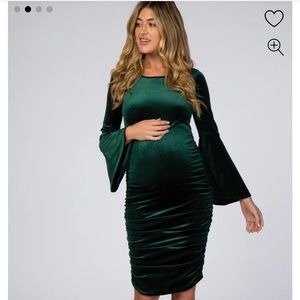 Forest Green Velvet Ruched Bell Sleeve Maternity Dress